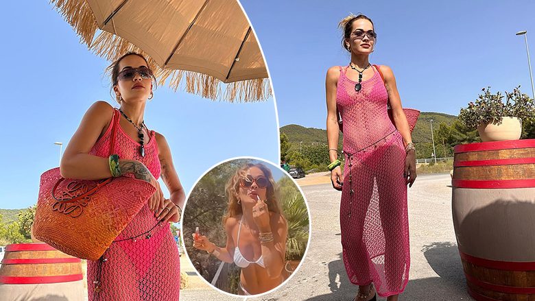 Rita Ora përshihet në trendin e filmit ‘Barbie’, ndërsa vesh një fustan transparent ngjyrë rozë gjatë pushimeve në Ibiza