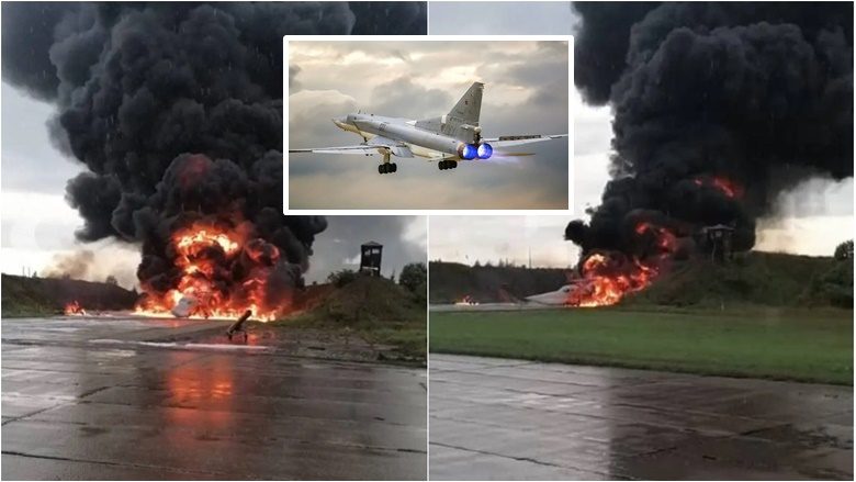 Imazhe që tregojnë bombarduesin ‘e çmuar’ supersonik bërthamor të Putinit të shkatërruar plotësisht nga droni kamikaz ukrainas