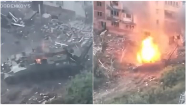 Momenti kur mortaja ruse shpërthen në flakë pasi u godit nga forcat ukrainase