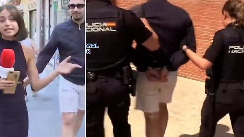 Po raportonte live nga Madridi, kalimtari i afrohet nga pas dhe ia prek të pasmet gazetares – policia spanjolle arreston burrin
