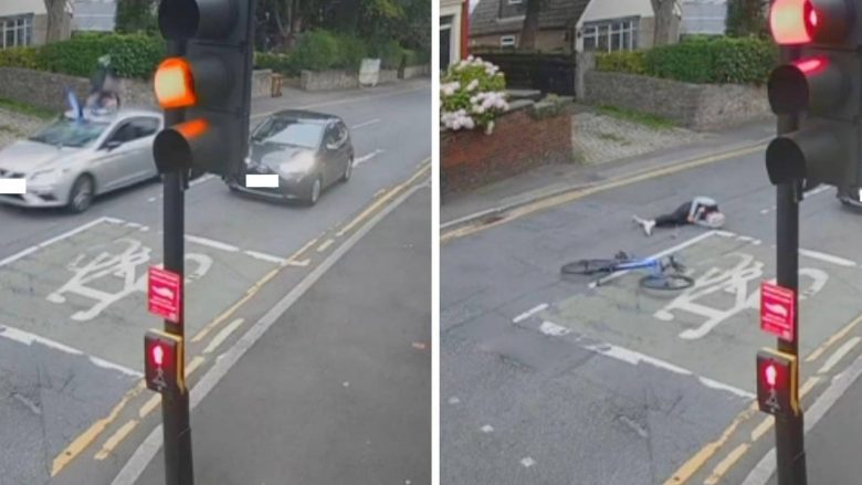 E godet me veturë çiklistin në qytetin britanik, shpëton mrekullisht nga më e keqja – kamerat e sigurisë kapin momentin rrëqethës