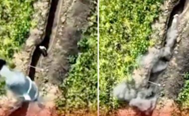 Operatori i dronit ukrainas hedhë predhën mbi ushtarin rus që po qëndronte pranë istikames, shpërthimi ishte fatal për të