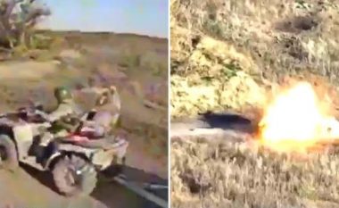 Menduan se do t’i shpëtojnë artilerisë së ukrainasve, motoçikleta me ushtarët rusë goditet nga droni kamikaz