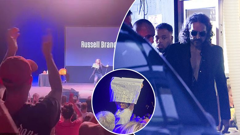 Russell Brand pritet me brohoritje nga fansat në koncertin në Wembley, përkundër akuzave të bujshme për sulm seksual nga katër gra