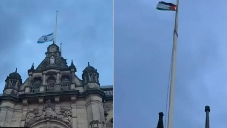 Në Sheffield, një burrë hoqi flamurin izraelit nga bashkia dhe deshi ta vendoste atë palestinez