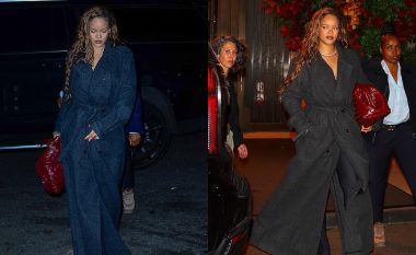 Rihanna shfaq sofistikim me një pallto të gjatë të zezë dhe çizme të larta deri tek kofshët, vetëm dy muaj pasi lindi fëmijën e saj të dytë