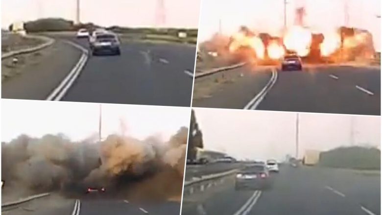 Pamje shqetësuese nga Izraeli –  një raketë fluturon dhe përplaset mes automjeteve, tymi mbulon gjithçka