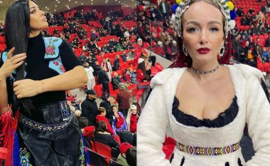 Arjola Demiri dhe Adriana Matoshi me veshje kombëtare në festën e Shqipërisë