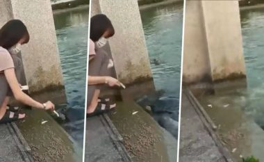 Vajza po ushqente breshkat dhe më pas ndodhi kaosi: Bisha misterioze hapi nofullat dhe u hodh nga uji