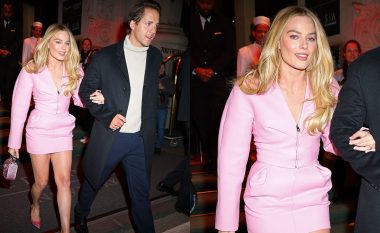 Margot Robbie dhe burri i saj Tom Ackerley duken si Barbie dhe Ken, ndërsa mbërritën në një shfaqje në New York