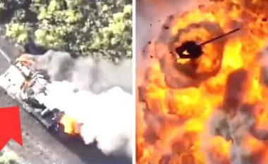 Ukrainasit shkatërrojnë tankun rus me dron kamikaz, ai bëhet 