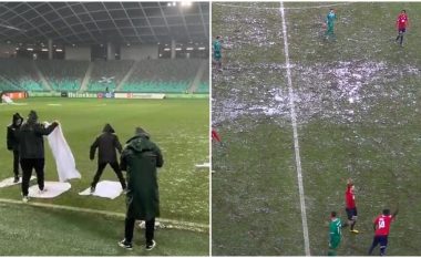 Harrojeni “Fadil Vokrrin”, fusha e përmbytur nga ‘uji dhe lloçi’ në Lubjanë vjedh gjithë vëmendjen para ndeshjes në Ligën e Konferencës