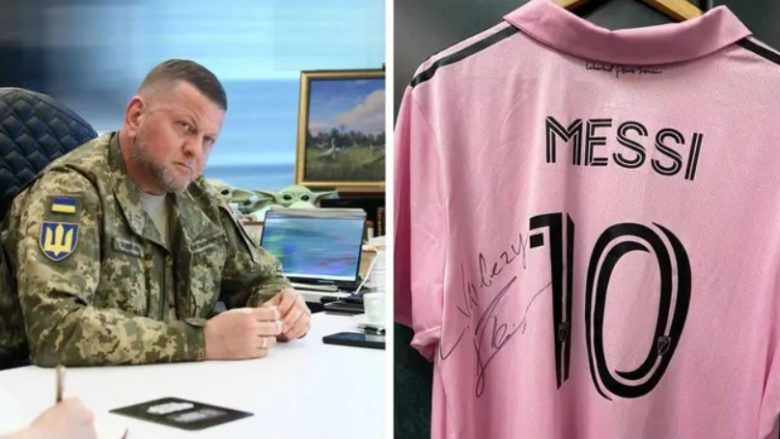 Messi i dhuron fanellën me nënshkrimin e tij kreut të ushtrisë ukrainase