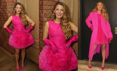 Blake Lively shfaq momentin e saj “Barbie” me fustan të shkurtë, doreza dhe këpucë rozë