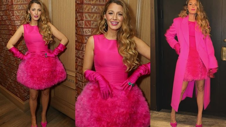 Blake Lively shfaq momentin e saj “Barbie” me fustan të shkurtë, doreza dhe këpucë rozë