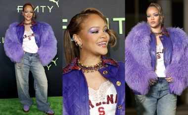 Rihanna shfaqet plot stil me një pallto ngjyrë vjollcë me gëzof, ndërsa feston prezantimin e fundit të ‘Fenty x Puma’