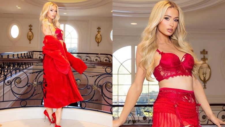 Paris Hilton jep një shfaqje mahnitëse me të brendshme të kuqe, për disa fotografi festive