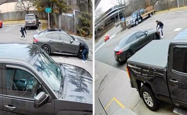 Në anën e djathtë të veturës pronari po frynte gomën, në të majtën hajni futet brenda dhe ia vjedh BMW-në burrit nga New Jersey