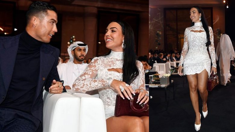 Georgina Rodriguez mahnit me një fustan të bardhë, teksa shoqëron Cristiano Ronaldon për “Globe Soccer Awards”