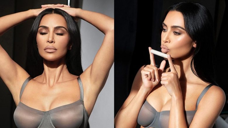 Kim Kardashian i lë pak imagjinatës, teksa shfaqet në sytjena gri në prapaskenat nga xhirimi i “SKKN By Kim”
