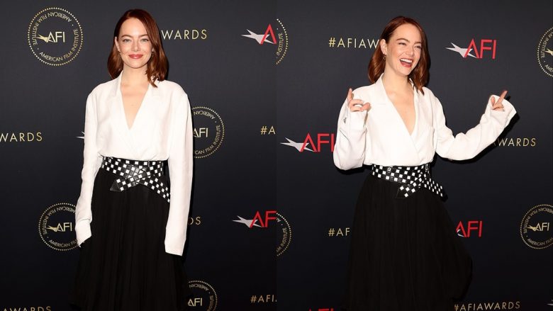 Emma Stone mahnit në ansambël bardh e zi, teksa mbështet filmin e saj “Poor Things” në “AFI Awards”