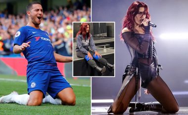 Tifozët e Chelseat dyshojnë se Dua Lipa është inspiruar nga Eden Hazard për performancën e saj me rrëshqitje me gju