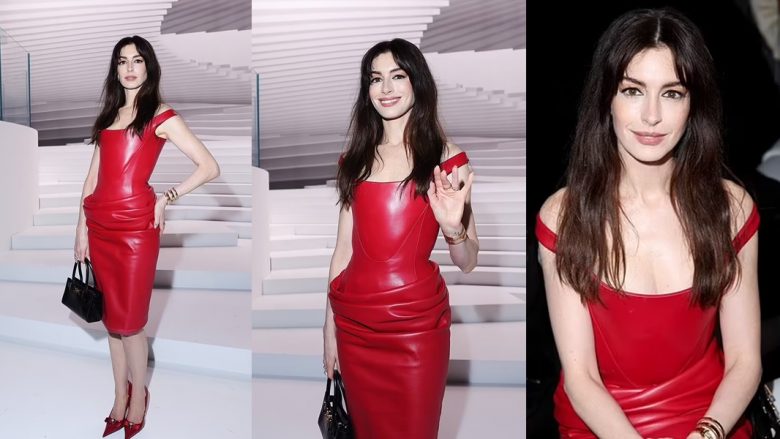Anne Hathaway mahnit me një fustan të kuq, në shfaqjen e Javës së Modës në Milano të “Versace”