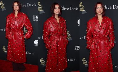 Dua Lipa mahnit me një pallto lëkure të kuqe të stolisur, teksa u bashkohet yjeve në Pre-Grammy