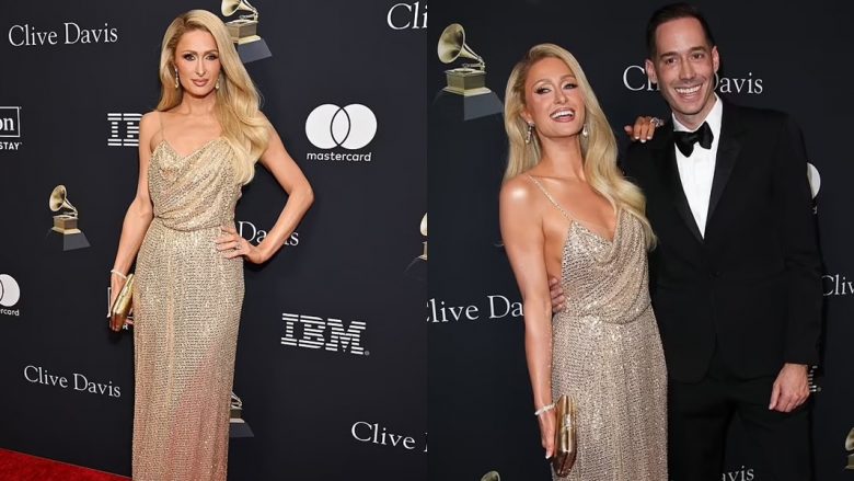 Paris Hilton shkëlqen me një fustan floriri, teksa hyn në tapetin e kuq me bashkëshortin Carter Reum