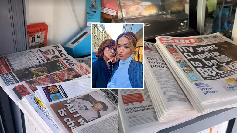 Nëna e Rita Orës prezanton një mal gazetash të shtypura që shiten në Londër: Në Kosovë a ka? Ndihmoni njerëzit që nuk e përdorin internetin