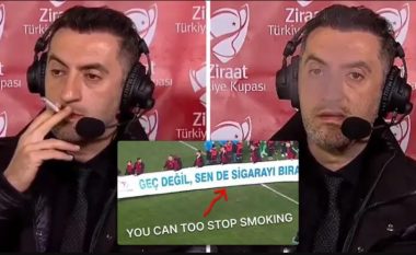 Komentatori turk bëhet viral, kapet duke tymosur cigare teksa shfaqej një pankartë ironike