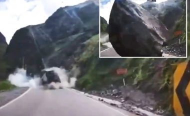 Copa e madhe e gurit shkëputet nga shkëmbi, bie direkt mbi kamionin e mallrave në Peru – shpëton mrekullisht shoferi