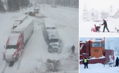 Moti i ligë godet Kaliforninë dhe Nevadan, pamjet nga droni tregojnë kolonën e gjatë të kamionëve dhe veturave që janë bllokuar nga bora