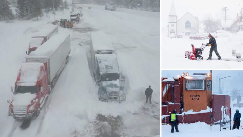 Moti i ligë godet Kaliforninë dhe Nevadan, pamjet nga droni tregojnë kolonën e gjatë të kamionëve dhe veturave që janë bllokuar nga bora