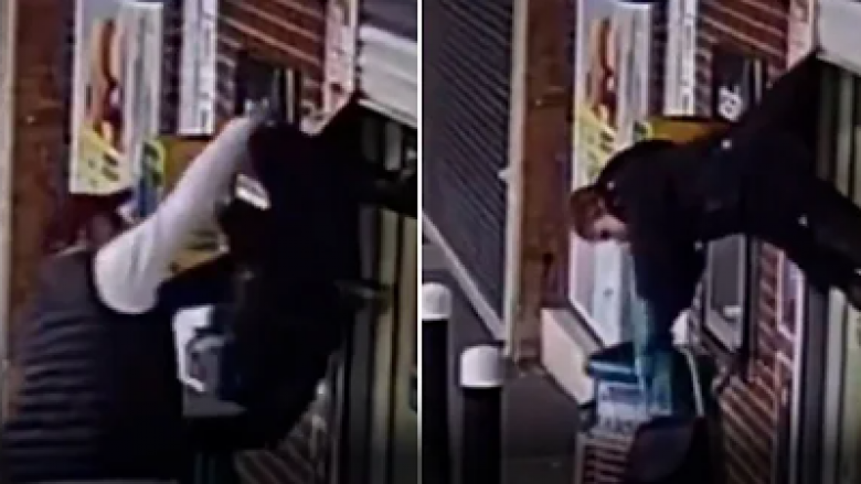 Gruas 72-vjeçare i ngec xhaketa – teksa dera elektrike e dyqanit ngritet lart ajo e gjen veten “në ajër”