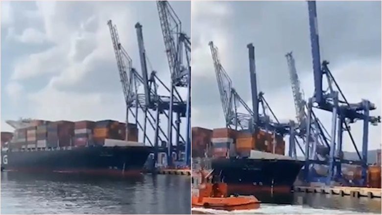 Momente tmerri në një port të Turqisë: Anija gjigante përplaset me tre vinça, i rrëzon një nga një