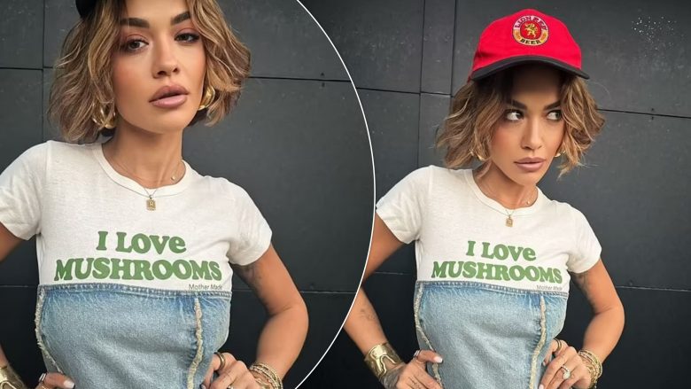 Rita Ora modelon një bluzë “I dua kërpudhat” ndërsa promovon koleksionin e saj për “Primark”, fansat e keqkuptojnë