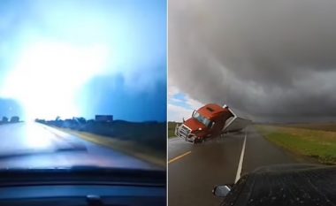 Pasojat e tornadove në SHBA, kamioni rrokulliset nga erërat e forta – për pak sa nuk përplaset direkt me një veturë