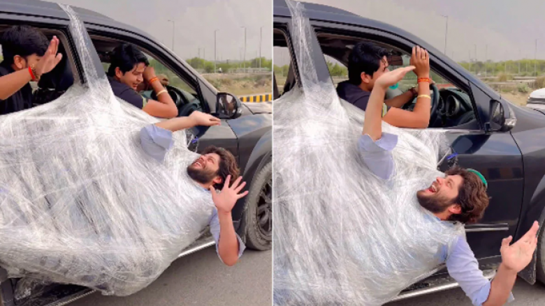 Marifet i rrezikshëm – burri shijon vozitjen i mbështjellur me najllon dhe i varur në derën e veturës