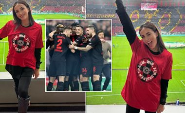 Një mbështetëse e madhe – partnerja e Xhakës shfaqet e lumtur nga stadiumi pas kalimit të Leverkusenit në finale
