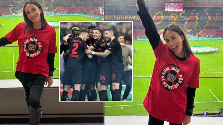 Një mbështetëse e madhe – partnerja e Xhakës shfaqet e lumtur nga stadiumi pas kalimit të Leverkusenit në finale