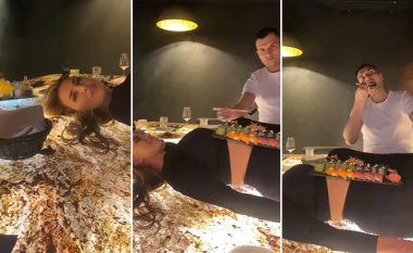Genta Ismajli publikon një video me burrin e saj në TikTok, ku ai ushqehet nga një pjatë e servuar mbi trupin e saj në tavolinë