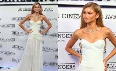 Zendaya shfaqet plot elegancë në një fustan të bardhë, në premierën e filmit të saj të ri “Challengers”
