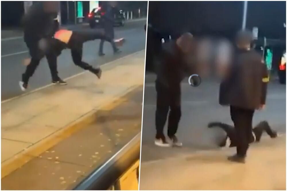 The bar's security collides with a man's head on the asphalt in Great