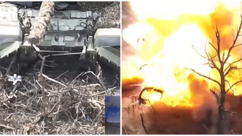 Ushtarët rusë tentuan të fshihen nga droni ukrainas, para se tanku i tyre të hidhej në erë – pamje nga aksioni i koordinuar