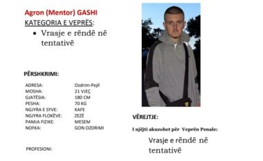 Policia në kërkim të Agron Gashit, të dyshuarit për plagosjen e mbrëmshme në Pejë