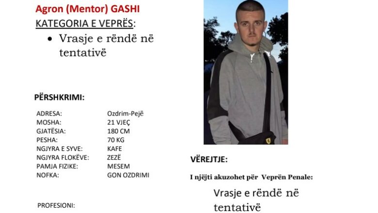Policia në kërkim të Agron Gashit, të dyshuarit për plagosjen e mbrëmshme në Pejë