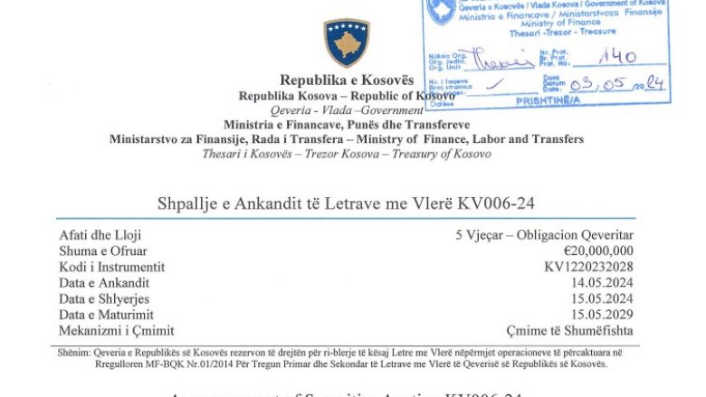 Më 14 maj mbahet ankandi i gjashtë i letrave me vlerë për vitin 2024, në shumën prej 20 milionë euro