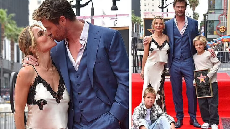 Chris Hemsworth i jep një puthje gruas së tij, ndërsa bashkë me fëmijët marrin pjesë në inaugurimin e yllit të tij në “Walk Of Fame”