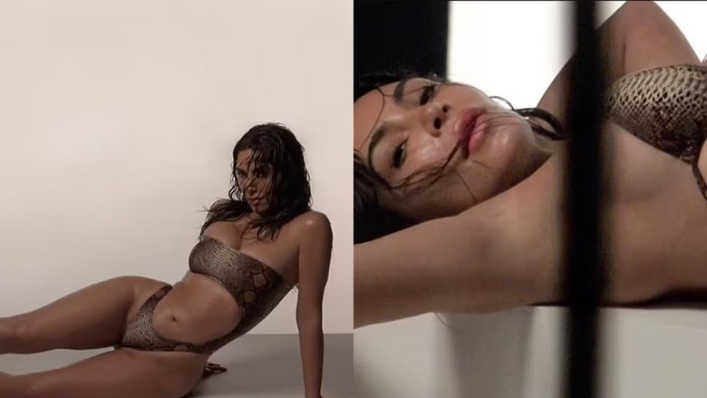 Kim Kardashian nxjerr në pah linjat e saj mahnitëse në bikini, teksa ndan fotografi nga seti për “SKIMS”